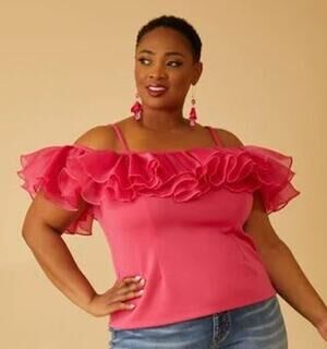 PLUS Size 30/32 - 5X | Stretch Scuba Knit Camisole Top With Organza Ruffles